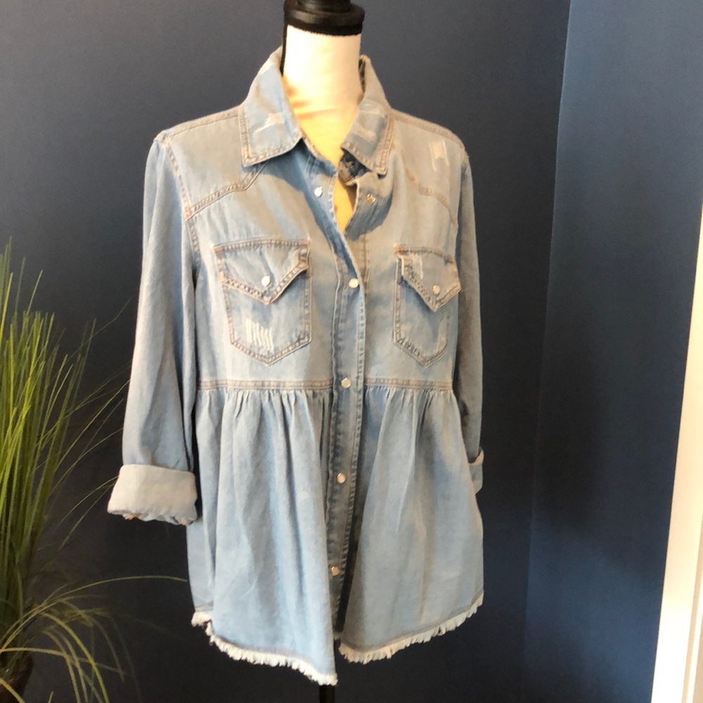Vici Peplum Distressed Denim Shirt